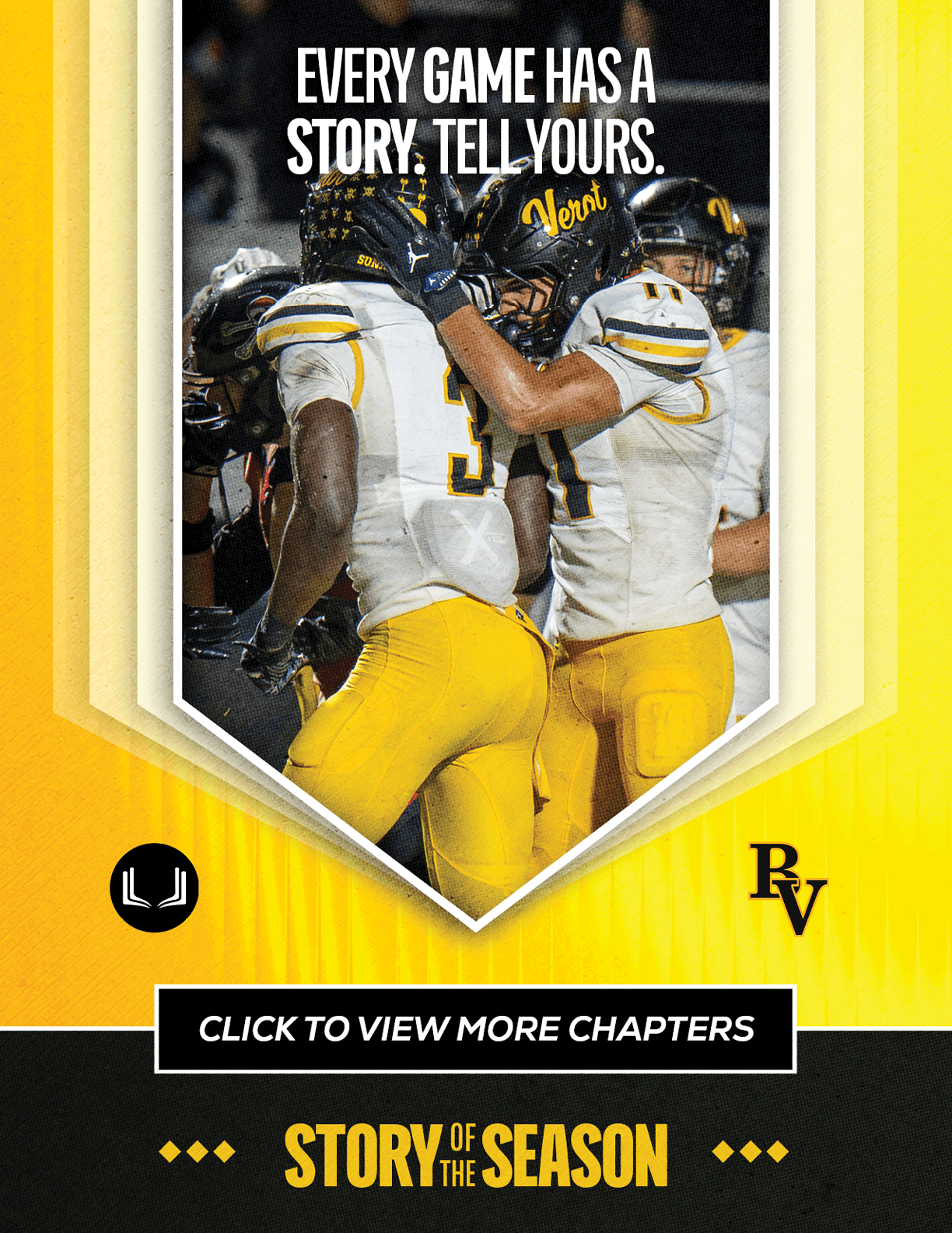 Two people in yellow and white football uniforms celebrate on a field with the text encouraging storytelling about every game. Descripci n generada con IA