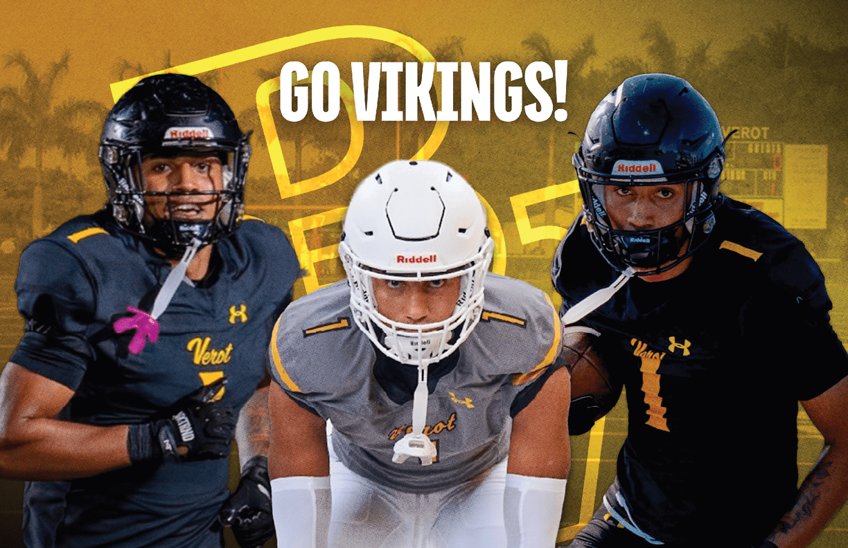Three people wearing football helmets and uniforms pose with the text “GO VIKINGS!" above them against a yellow and black background. Descripci n generada con IA