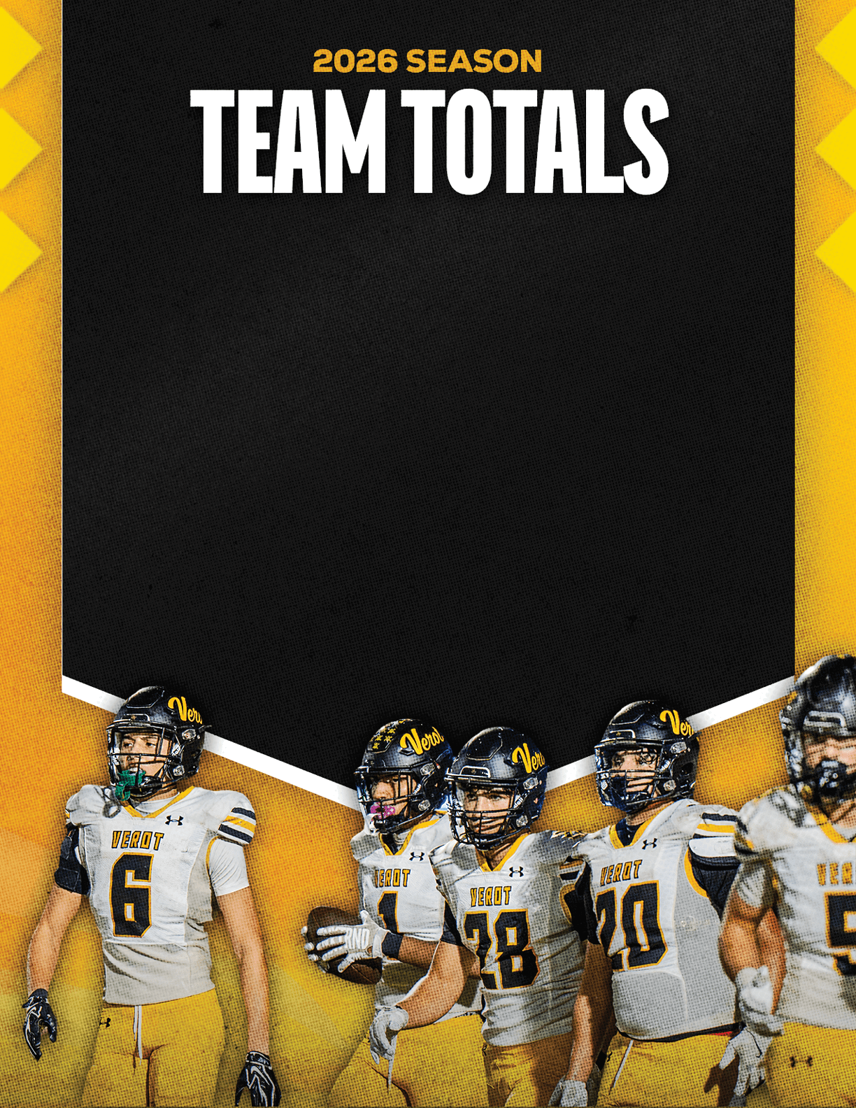 Five people in football uniforms stand in front of a black and yellow background with the text 2026 Season Team Totals at the top. Descripci n generada con IA