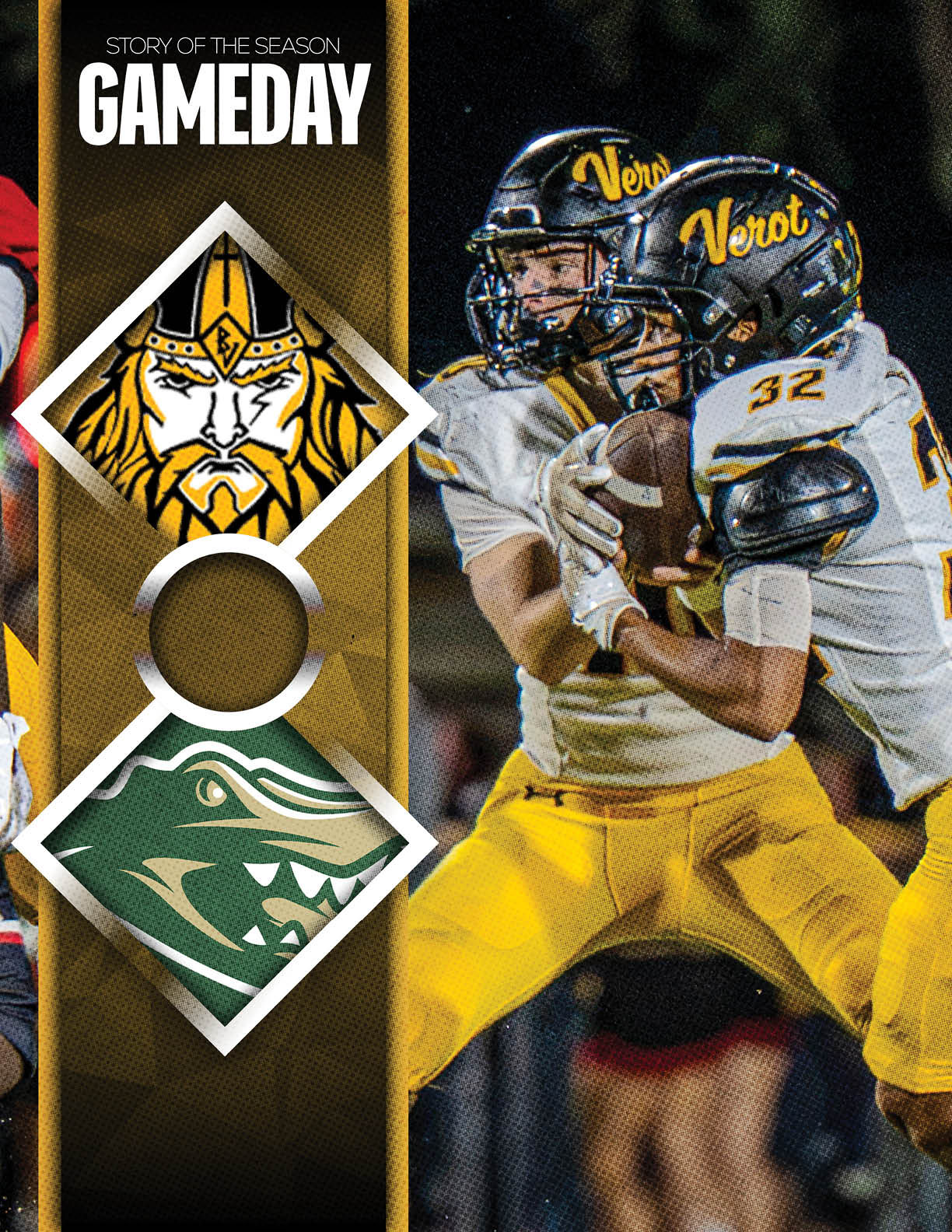 Two football players in yellow pants and black helmets with “Vernot" written on them are engaged in a play, with one holding the ball and the other preparing to block or assist, alongside a graphic featuring a Viking and an alligator mascot with the text "GAMEDAY" and "STORY OF THE SEASON." Descripci n generada con IA