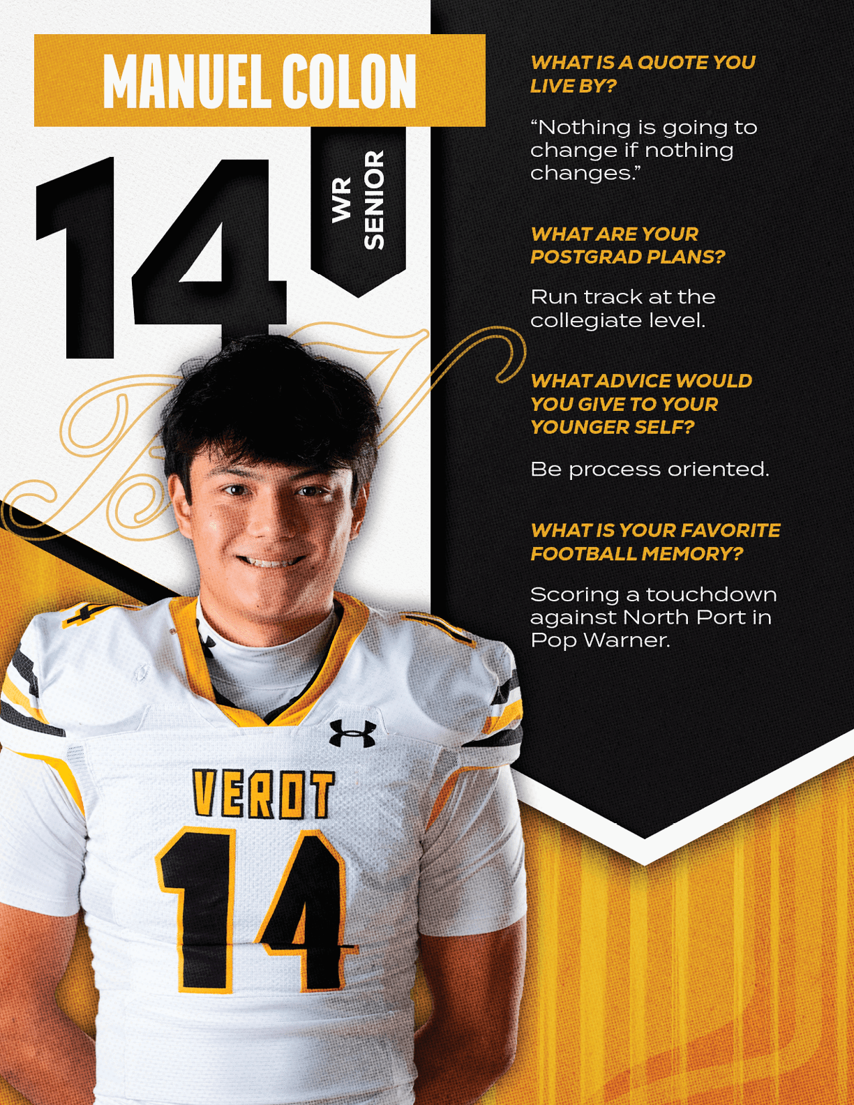 A person wearing a white and yellow football jersey with the number 14 and the name Manuel Colon is standing in front of a graphic background that includes motivational quotes and postgrad plans. Descripci n generada con IA