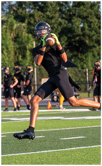 An adult wearing a black football uniform and helmet is jumping to catch a football on a green field with other players and trees in the background. Descripci n generada con IA
