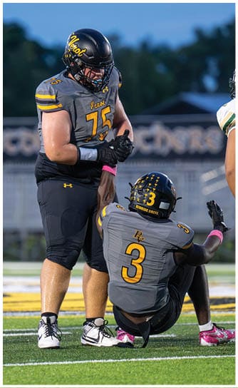 Two football players in gray and black uniforms with yellow lettering are clasping hands on a field with a blurred background. Descripci n generada con IA