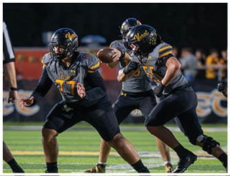 Two people in football uniforms and helmets are on a field with one preparing to throw a football and the other in a ready stance. Descripci n generada con IA