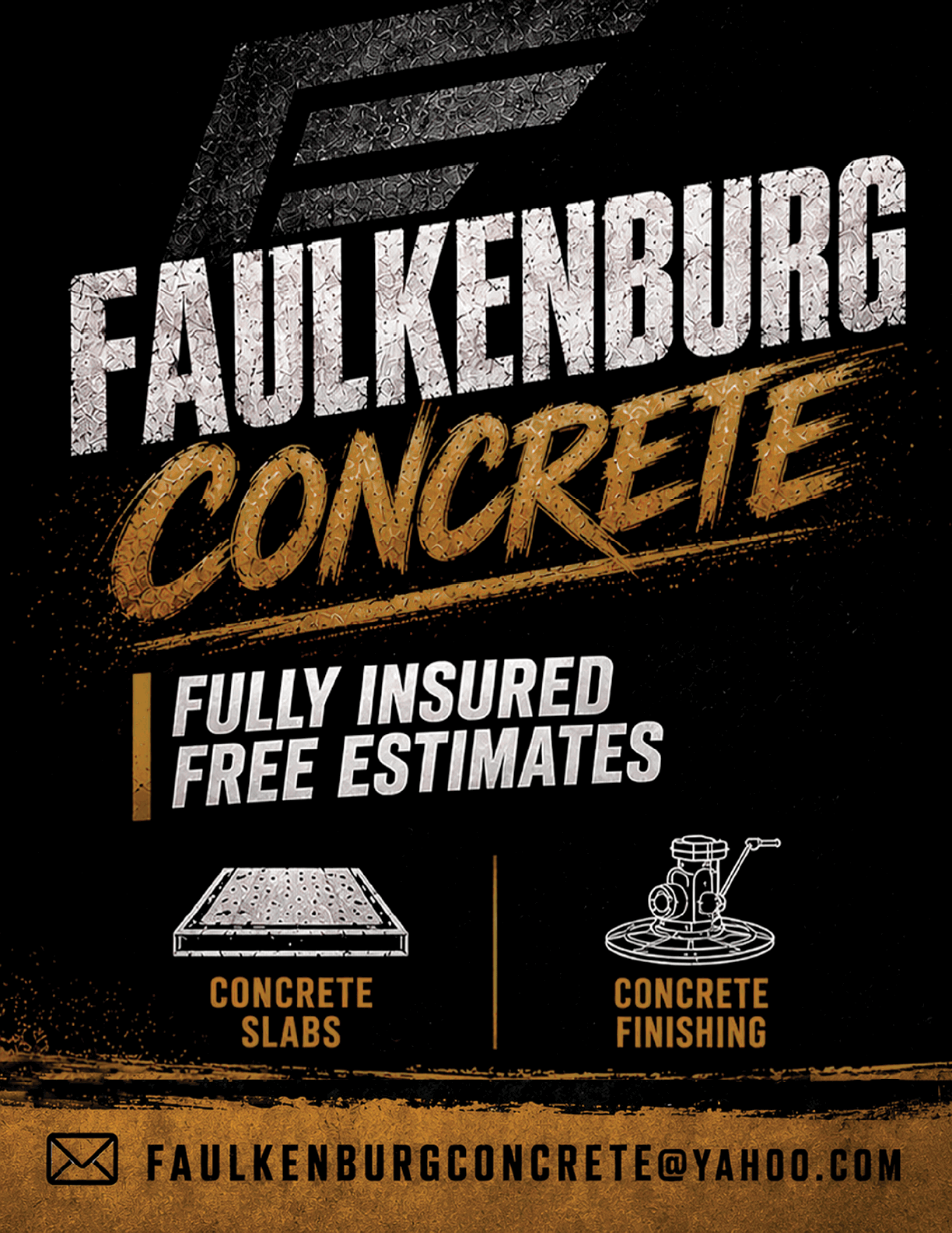 The image shows a textured metal background with the partially visible bold text “FAULK" in white and "CONC" in orange. Descripci n generada con IA