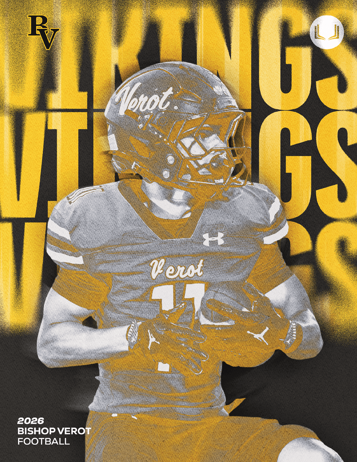 A person wearing a football uniform and helmet with the word Verot is holding a football against a background with large yellow text reading Vikings and smaller text indicating Bishop Verot Football 2026. Descripci n generada con IA