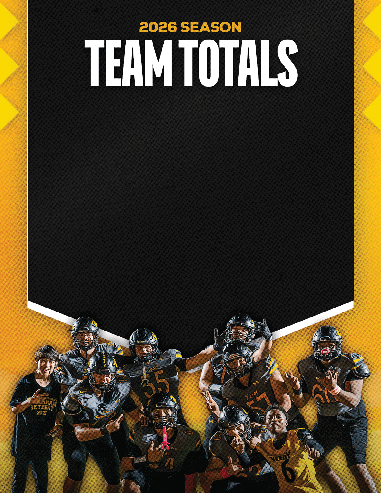 A group of people in football uniforms and helmets pose energetically in front of a black and yellow background with the text 2026 season team totals above them. Descripci n generada con IA