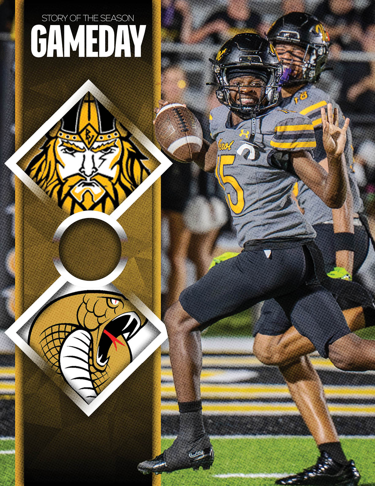 A person in a football uniform with the number five is holding a football and appears to be preparing to throw it on a field with a blurred background of another player and spectators, alongside graphic logos of a Viking and a cobra on the left side with the text “Story of the Season Gameday." Descripci n generada con IA