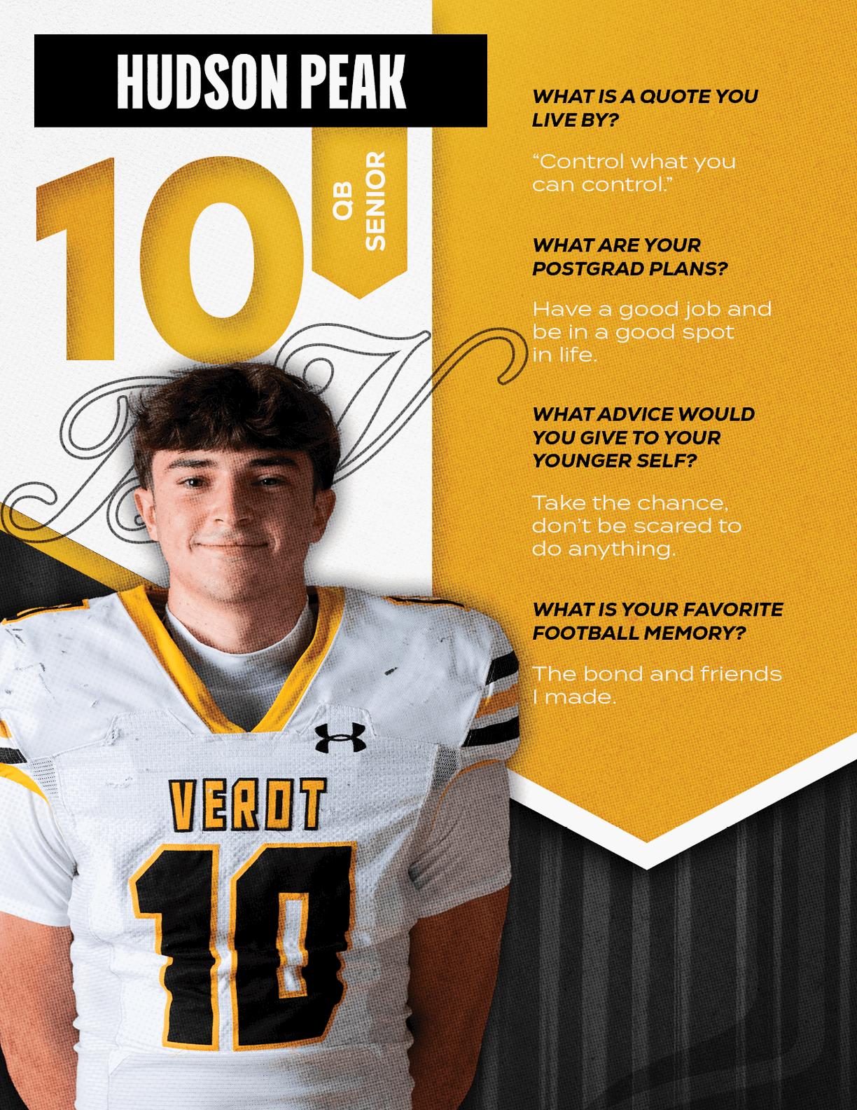 A person wearing a white and yellow football jersey with the number 10 stands next to text about their senior year, postgrad plans, advice to their younger self, and a favorite football memory. Descripci n generada con IA