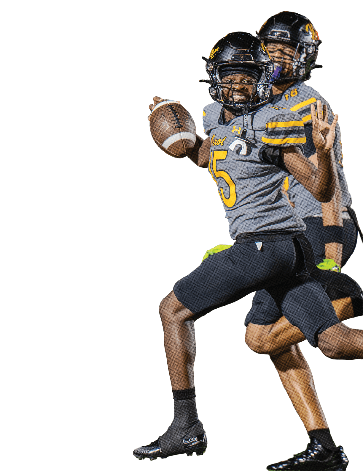 An adult wearing a gray and black football uniform with the number five is preparing to throw a football on a field during a game. Descripci n generada con IA