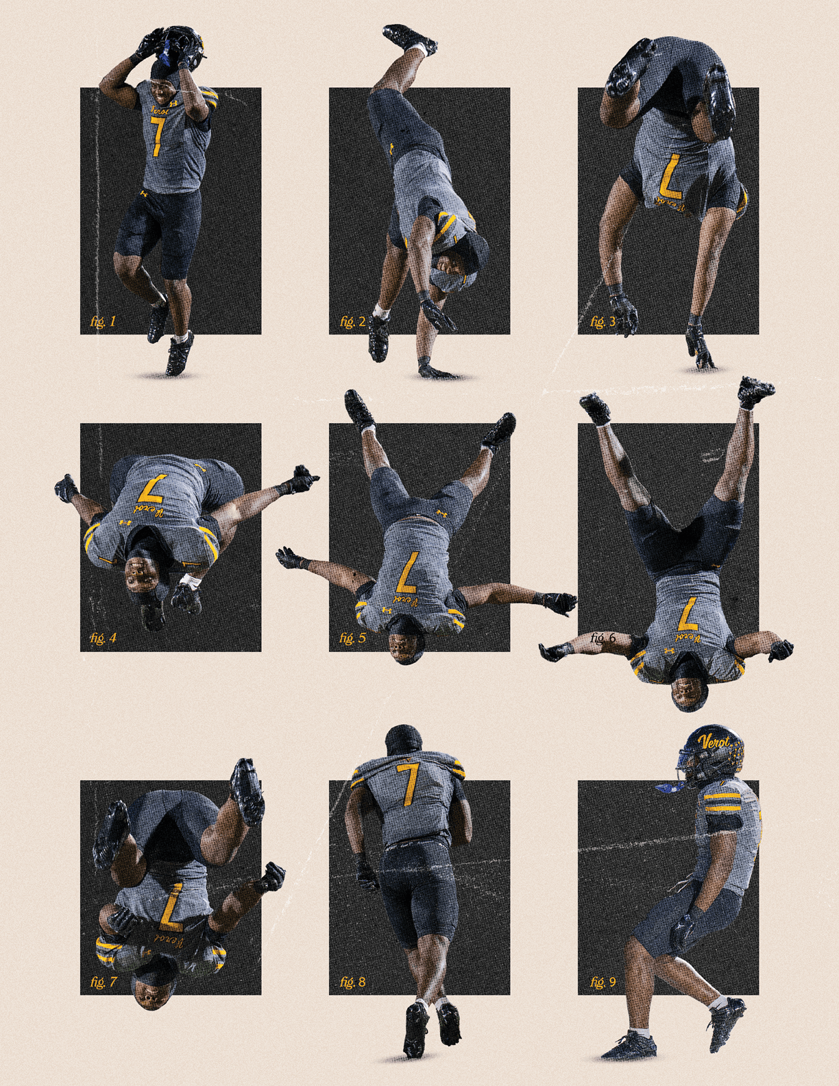 A person wearing a sports uniform with the number seven is shown in various dynamic poses and movements against a dark background with a light textured border. Descripci n generada con IA