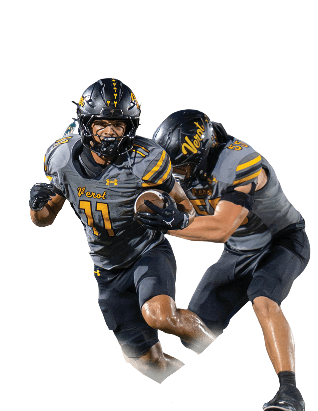 Two people in football uniforms are actively playing on a field, with one running while holding the ball and the other blocking an opponent. Descripci n generada con IA