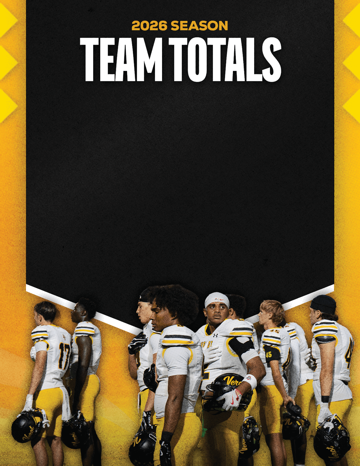 A group of people in yellow and white sports uniforms holding helmets stand in a line beneath bold text that reads 2026 season team totals on a black and yellow background. Descripci n generada con IA