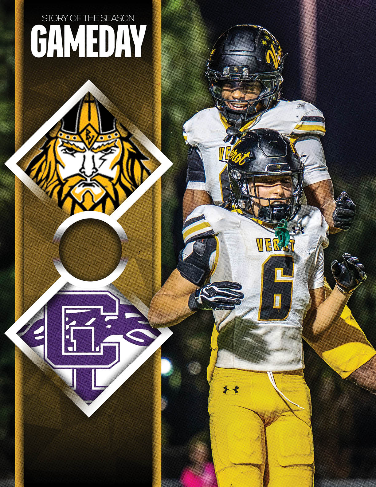 Two football players in white and yellow uniforms celebrate on the field with one player lifting the other while the text “Story of the Season Gameday" and team logos appear on the left side. Descripci n generada con IA