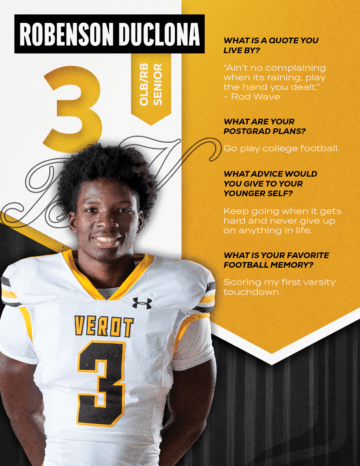 A person wearing a white and yellow football uniform with the number three stands next to text highlighting their name, senior status, and answers to questions about a favorite quote, postgrad plans, advice to younger self, and favorite football memory. Descripci n generada con IA