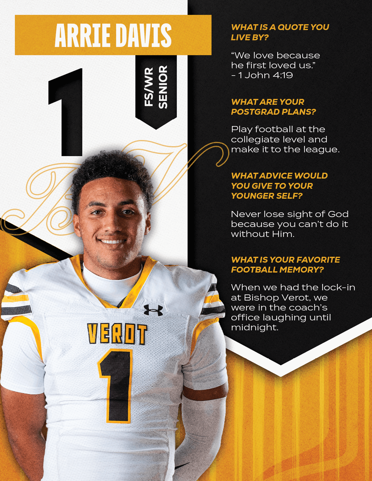 A person wearing a football jersey with the number one stands smiling next to text sharing their name, senior year, a favorite quote, postgrad plans to play college football, advice to younger self about faith, and a favorite football memory. Descripci n generada con IA