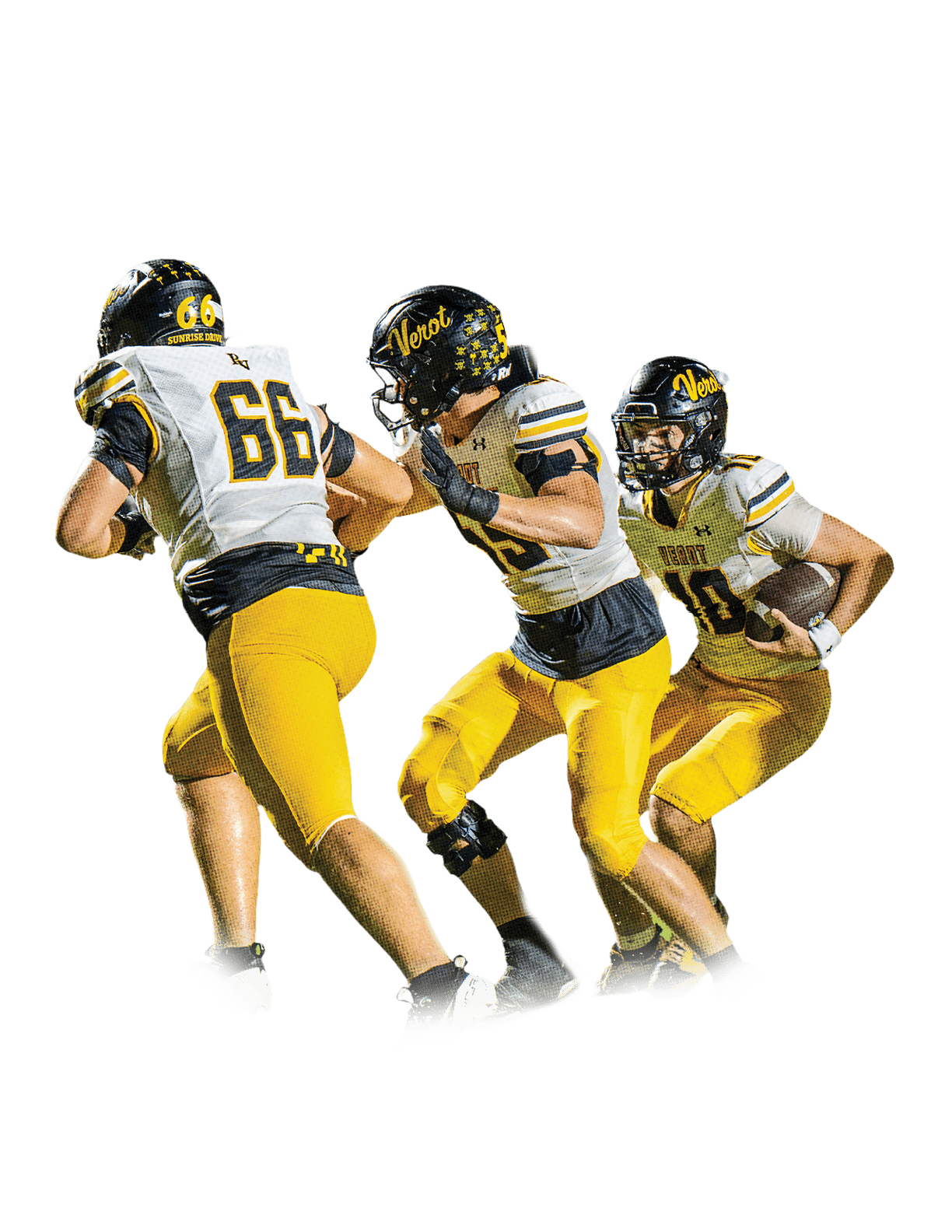 Three people in yellow and white football uniforms are actively engaged in a play on a grassy field during a game. Descripci n generada con IA