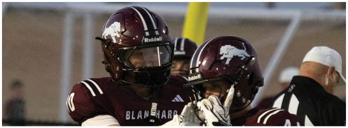 A football player wearing a blue and white uniform. Description generated by AI
