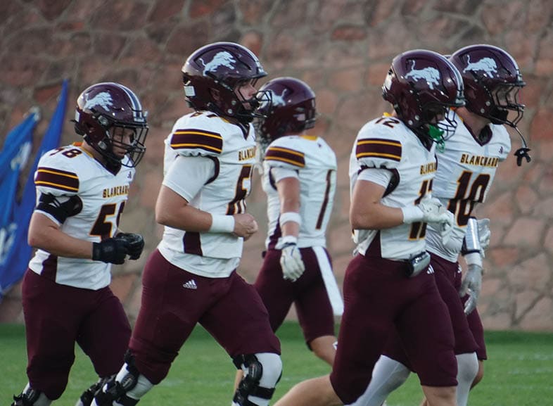 Four people wearing black football uniforms with “VISTA" on the front are standing together in a stadium with a crowd in the background, two of them holding helmets raised above their heads. Description generated by AI