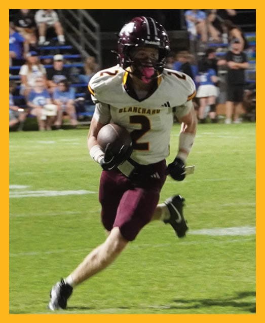 A football player in a white uniform is running with a football in his hand. AI generated content