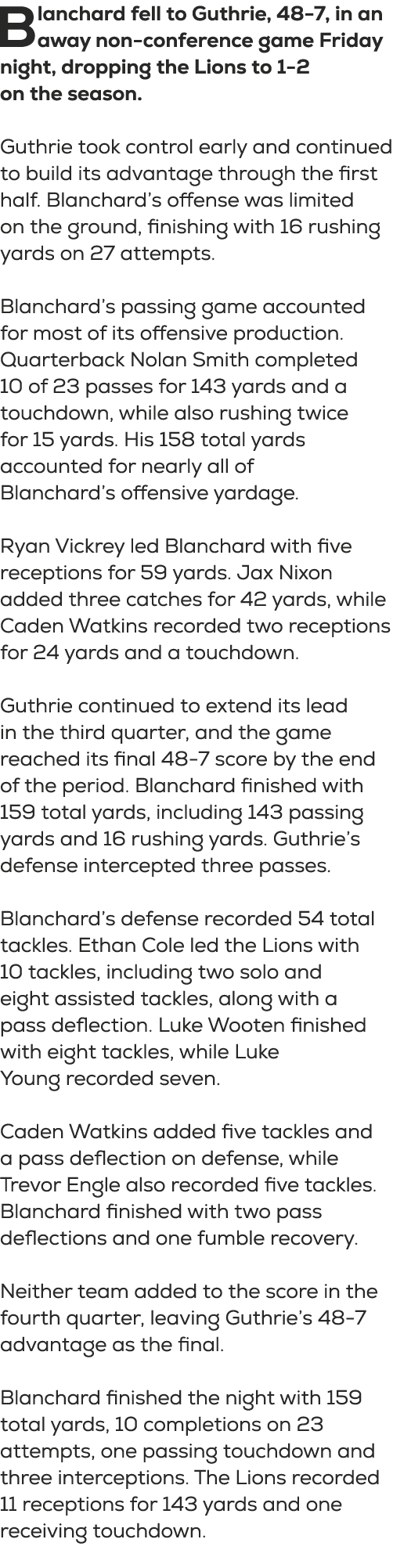 Blanchard fell to Guthrie, 48 7, in an away non conference game Friday night, dropping the Lions to 1 2 on the season...
