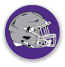 A gray football helmet with a white faceguard is centered on a solid purple circular background. Description generated by AI
