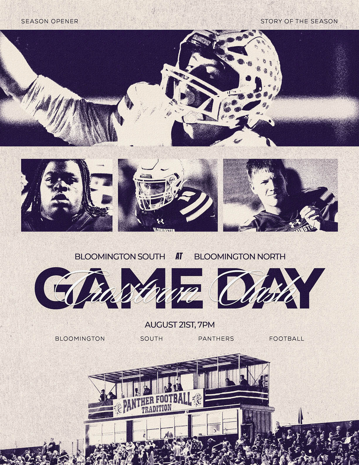 A vintage-style sports poster features three athletes in football gear above bold text announcing a game day between Bloomington South Panthers and Bloomington North Panthers with a photo of a crowded football stadium press box below. Description generated by AI