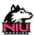 A stylized black and white husky head logo with the letters NIU in bold red below it. Description generated by AI
