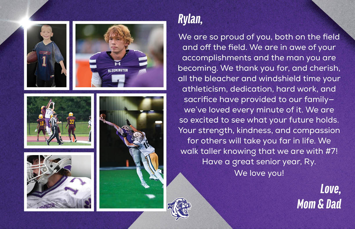 A collage of five photos shows a person in a football uniform in various poses on and off the field alongside a heartfelt message from parents expressing pride and love for their senior athlete. Description generated by AI