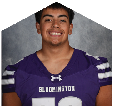 A person with short dark hair is smiling and wearing a purple sports jersey with white stripes on the shoulders against a gray textured background. Description generated by AI