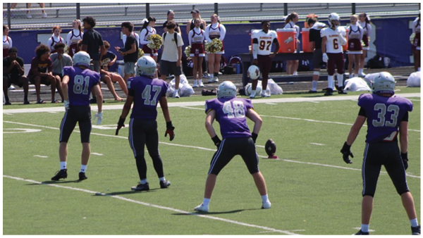 Four people in purple sports uniforms and helmets stand on a football field preparing for a play while others and cheerleaders are visible in the background. Description generated by AI