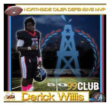 A football player wearing a blue and red jersey. Description generated by AI