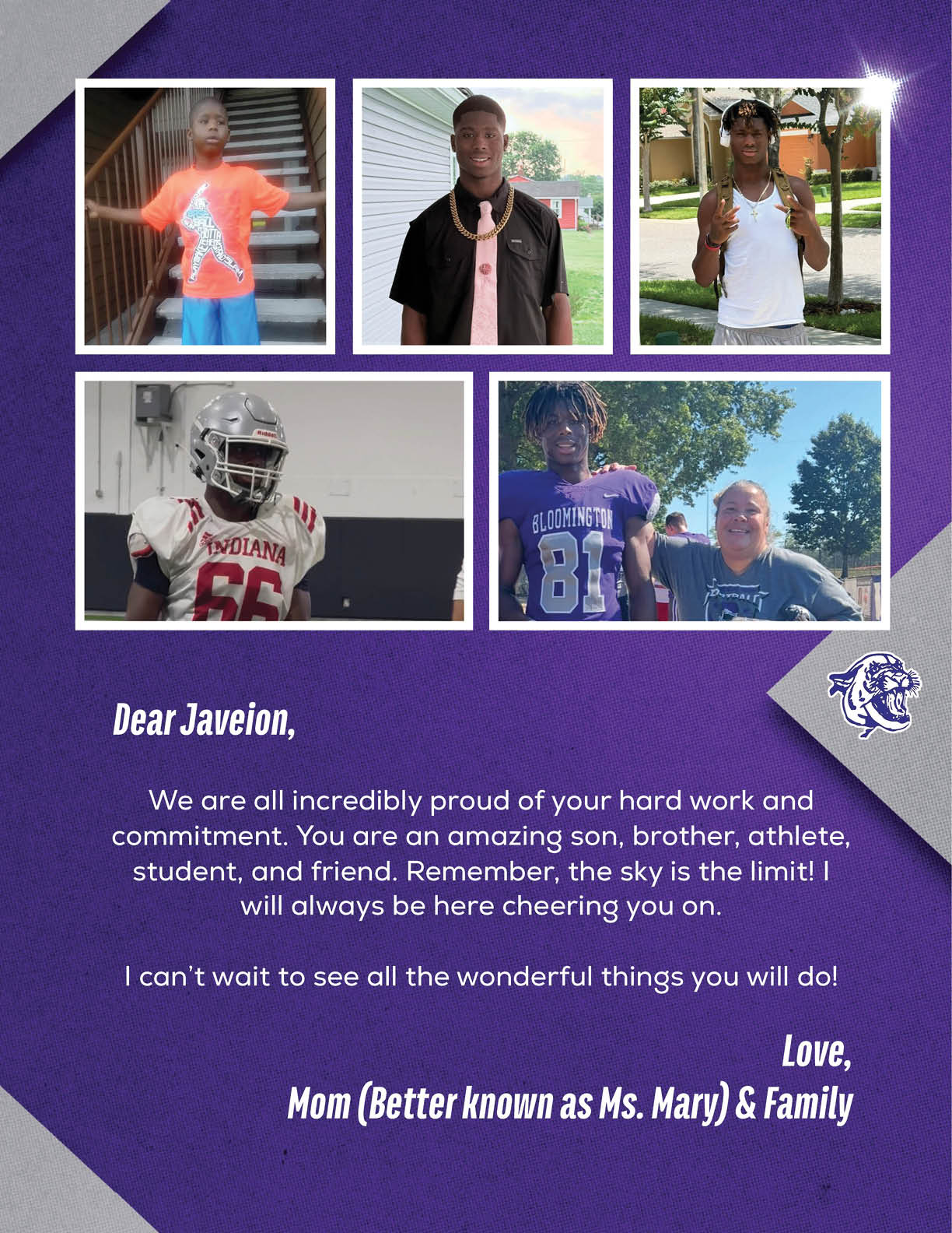 Five photos of a person at different stages and activities including casual poses and playing football are arranged above a heartfelt message from a family member expressing pride and encouragement. Description generated by AI