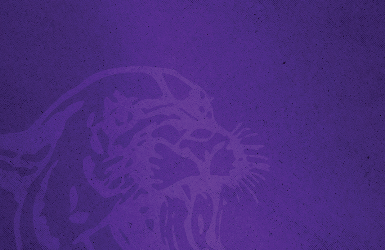 A stylized purple graphic of a roaring big cat, possibly a leopard or jaguar, with a textured background. Description generated by AI