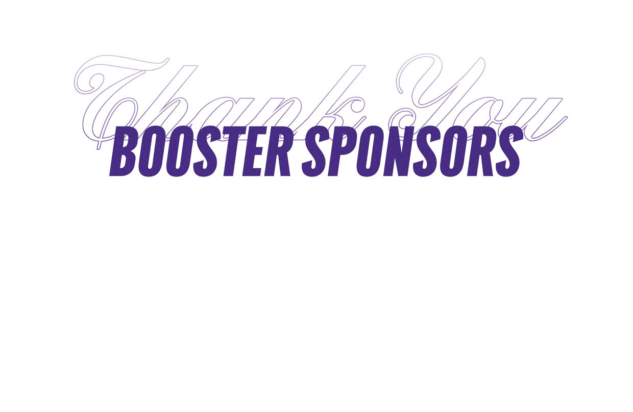 Thank you is written in a large cursive font with booster sponsors in bold purple uppercase letters overlaying it. Description generated by AI