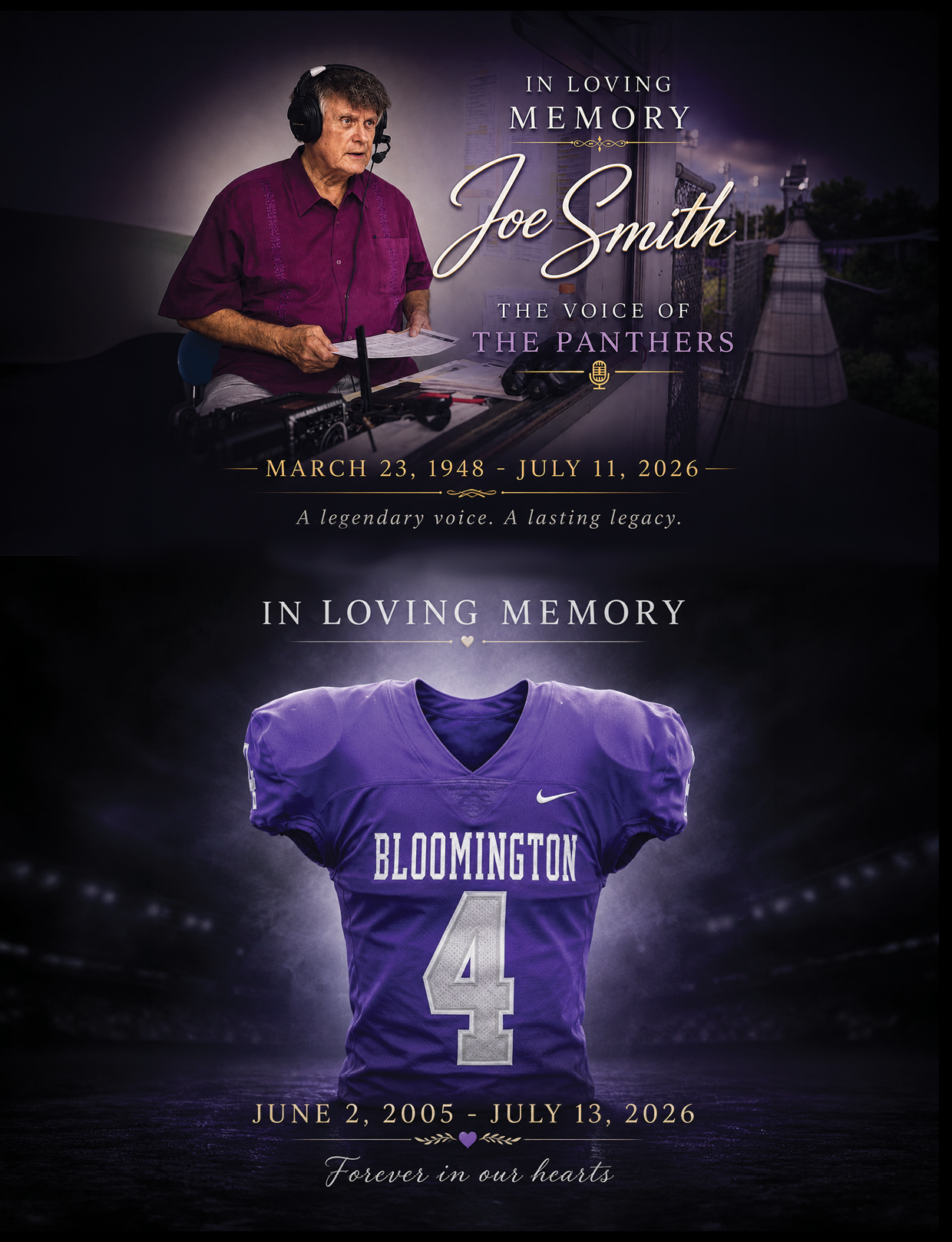 A tribute memorial featuring a person wearing a headset and speaking into a microphone with text honoring Joe Smith as the voice of the Panthers alongside a purple Bloomington football jersey with the number 4 and dates commemorating both. Description generated by AI