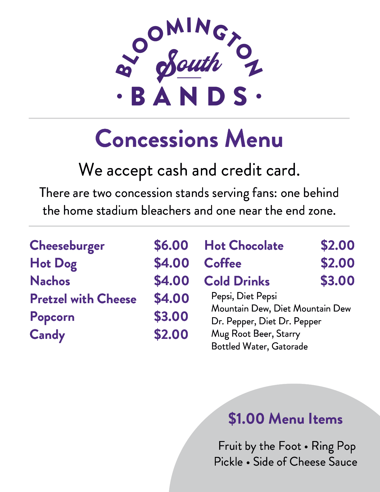 Bloomington South Bands concessions menu listing food and drink items with prices and locations of two concession stands at the stadium. Description generated by AI
