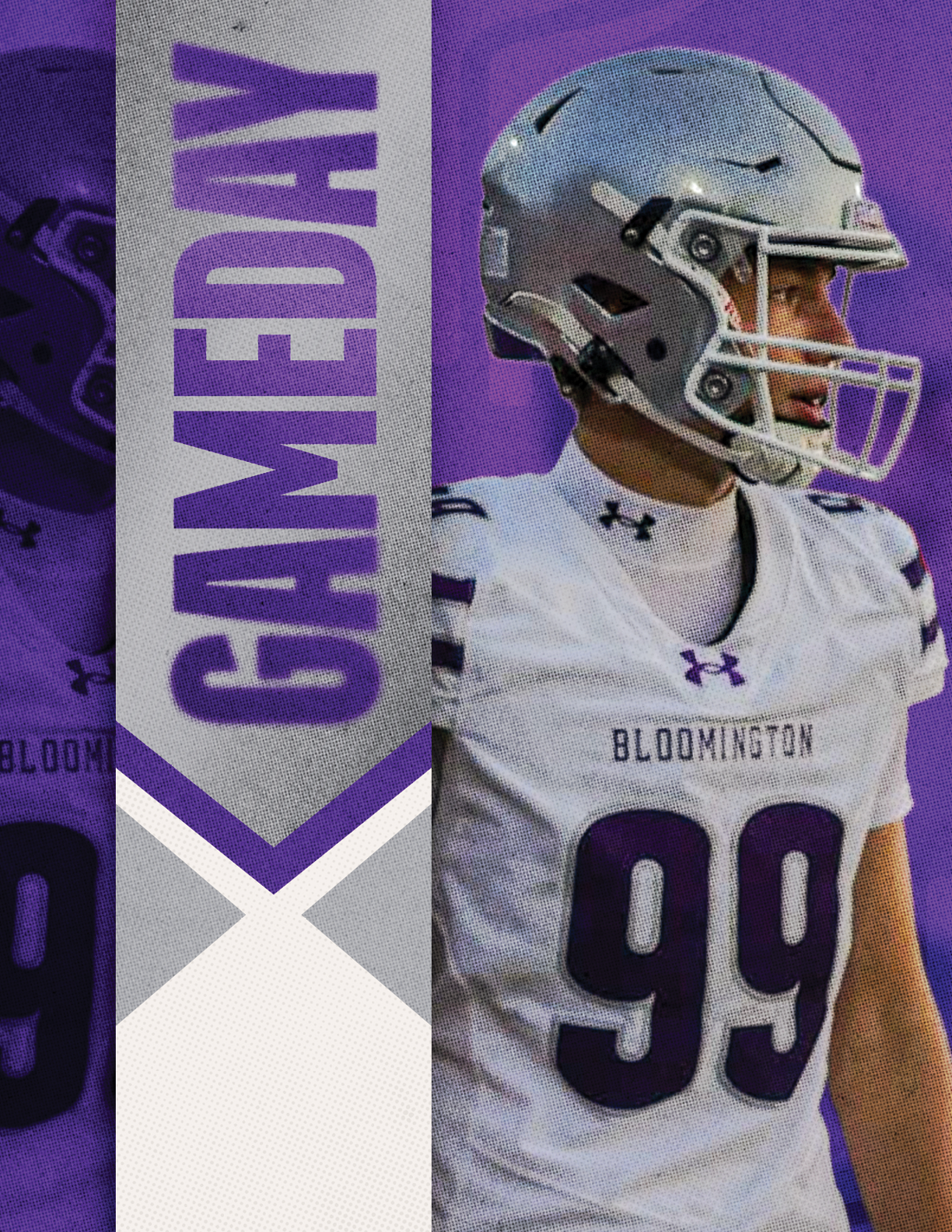 A person wearing a silver football helmet and a white Bloomington jersey with the number 99 stands next to a vertical banner with the word GAMEDAY in bold purple letters on a purple and gray background. Description generated by AI