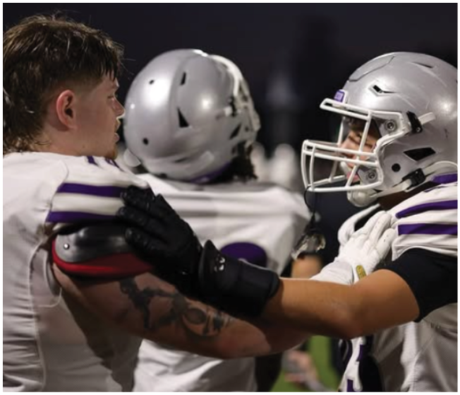 Two people in football uniforms and helmets are engaged in a play on the field with one holding the ball and the other positioned behind, while a crowd watches from the stands. Description generated by AI