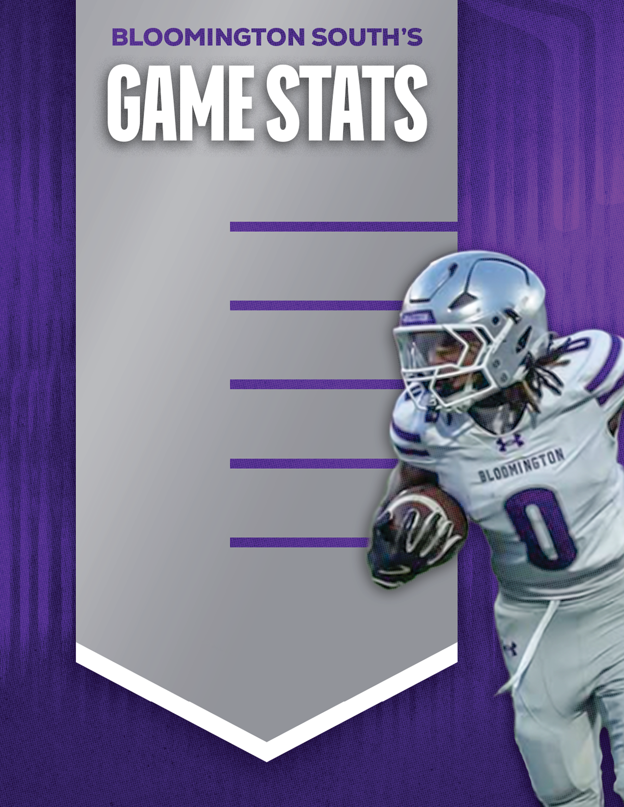 A person in a football uniform and helmet is running with a football next to a gray banner titled Bloomington South's Game Stats on a purple background. Description generated by AI