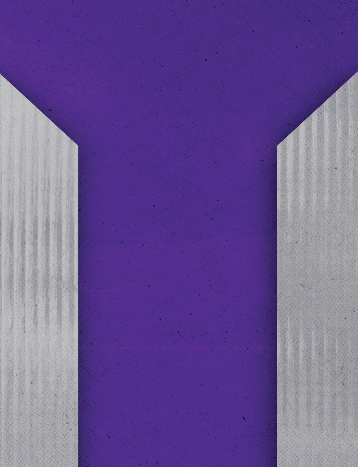 Three tall buildings with purple and gray stripes. Description generated by AI