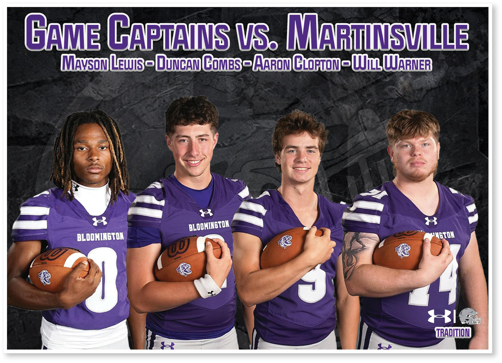 Three adults wearing purple Bloomington football uniforms hold footballs and stand side by side against a dark background with text above them. Description generated by AI