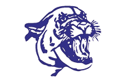 A purple and black tiger with its mouth open. Description generated by AI