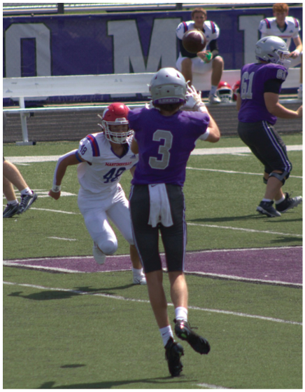 A person in a purple football uniform is preparing to catch a football while another person in a white football uniform with red and blue accents is approaching on a football field. Description generated by AI