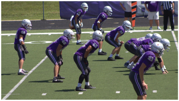 Several people wearing purple sports jerseys and helmets are positioned on a football field, appearing ready for a play. Description generated by AI