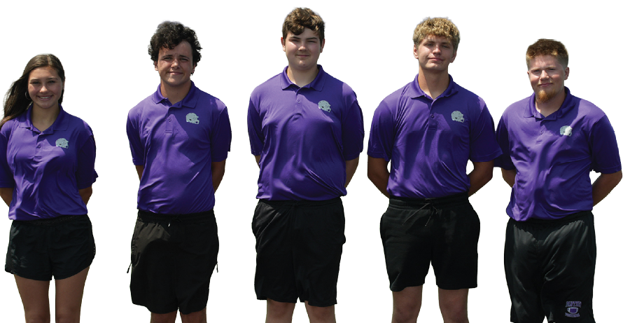 Five people stand side by side wearing matching purple polo shirts and black bottoms against a white background. Description generated by AI