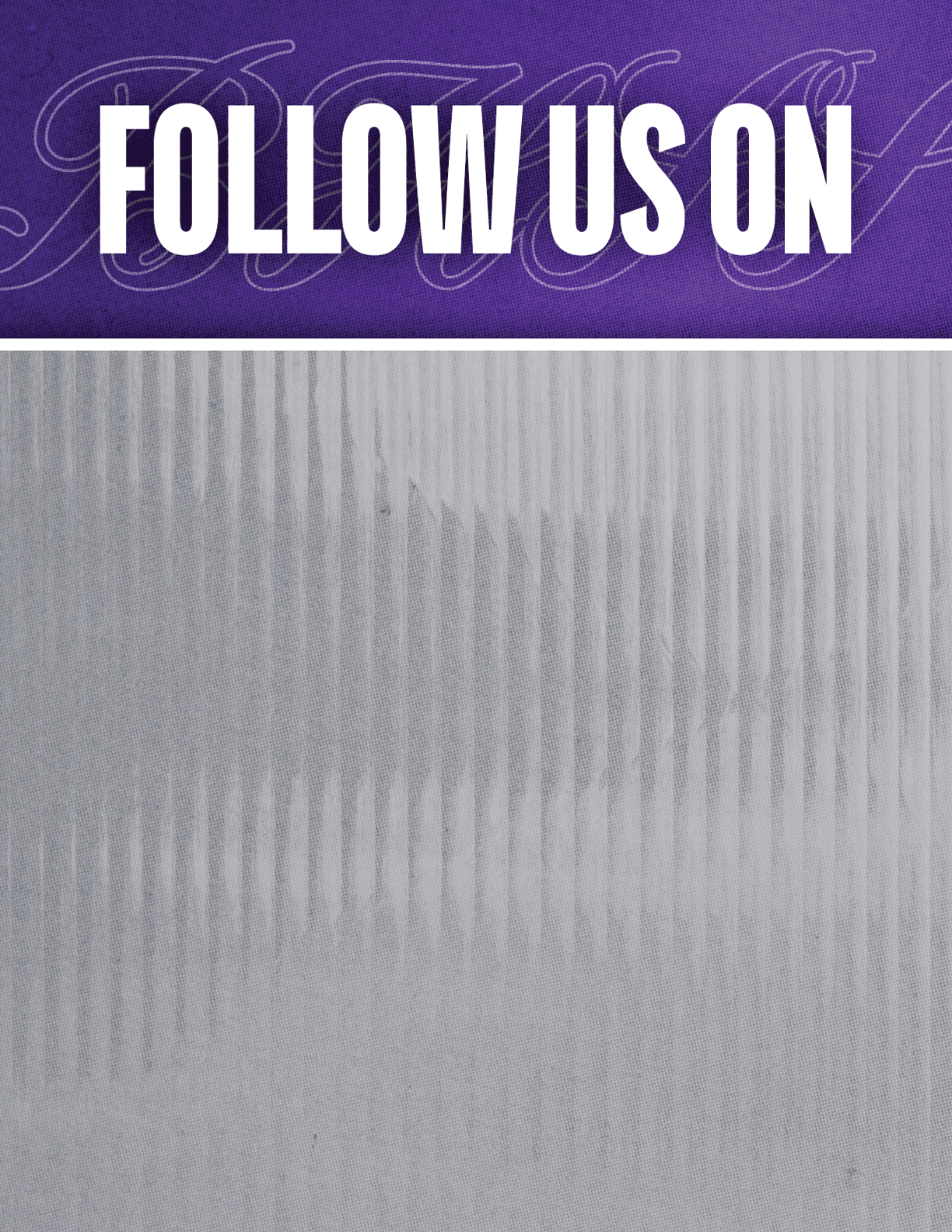 A purple background with white letters that say “Follow Us On". Description generated by AI