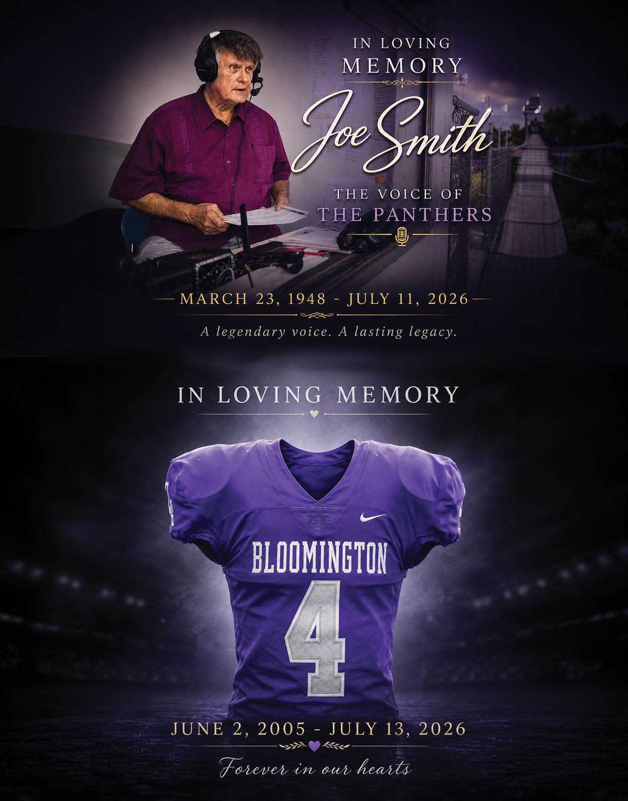 A tribute memorial featuring a person wearing a headset and speaking into a microphone with text honoring Joe Smith as the voice of the Panthers alongside a purple Bloomington football jersey with the number 4 and dates commemorating both. Description generated by AI