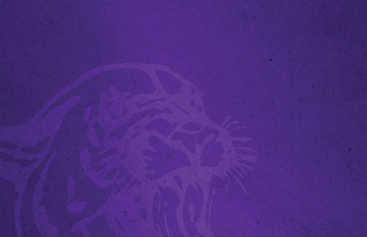 A stylized purple graphic of a roaring big cat, possibly a leopard or jaguar, with a textured background. Description generated by AI