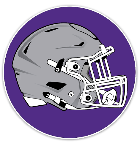 A gray football helmet with a white faceguard is centered on a solid purple circular background. Description generated by AI